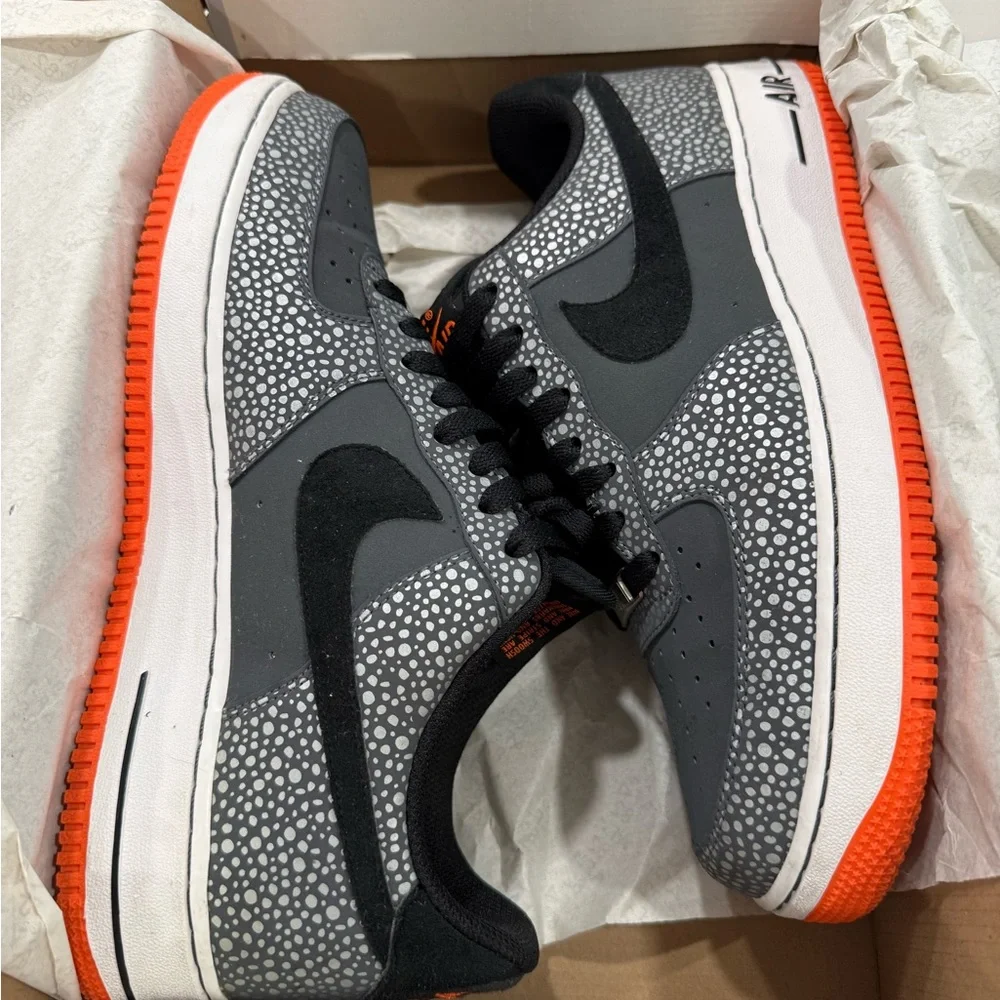 Nike Air Force 1 Gray, Black, and Orange Elephant Print Sneakers Size 9.5 Men